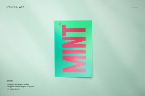 Sticker mockup featuring a mint green background and large pink lettering, shown flat against a textured pale surface.