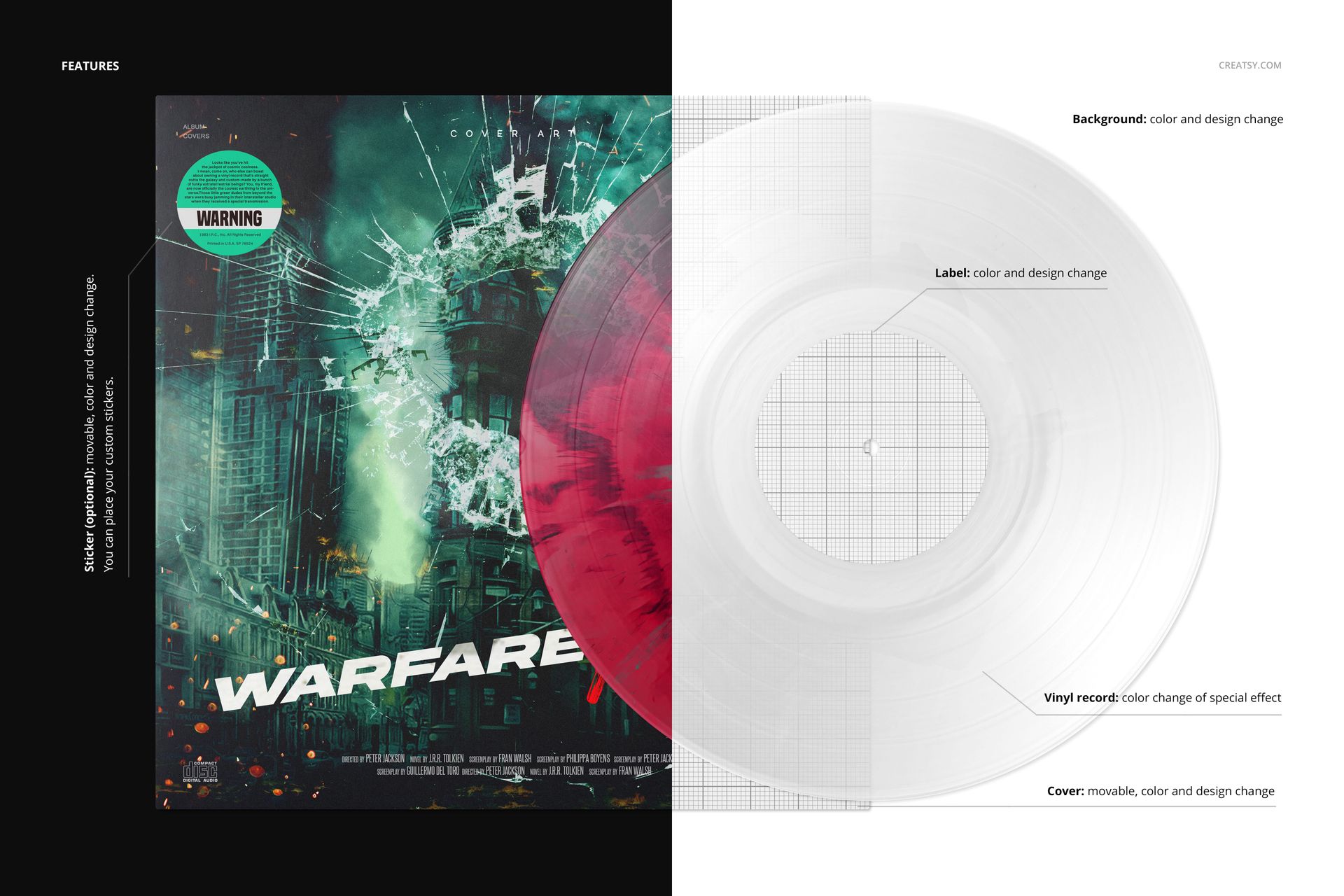 Front view of a vinyl record and its cover with a splatter effect design, shown in a PSD mockup layout with divided background.