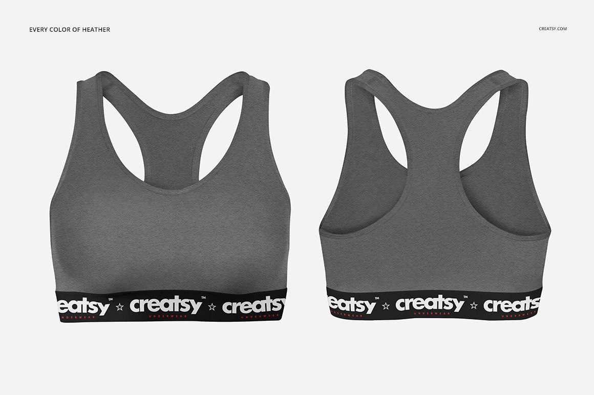 Sport bra mockup featuring two perspectives, front and back, in solid gray with black elastic band details.
