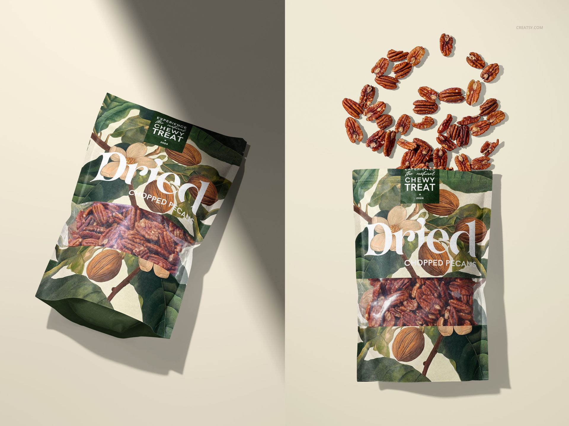Paper pouch mockup featuring a nature-inspired pecan pattern, displayed both unopened and with pecans scattered above.