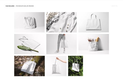 Set of nine tote bag mockup images showing blank white bags from various angles and in different scenes.