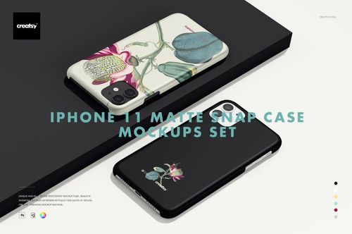 iPhone 11 PSD mockup set showing matte cases in black and white with floral patterns, seen from above.