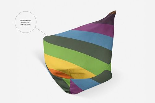 Colorful bean bag mockup featuring diagonal stripes in green, yellow, blue, and purple, displayed on a plain white surface.