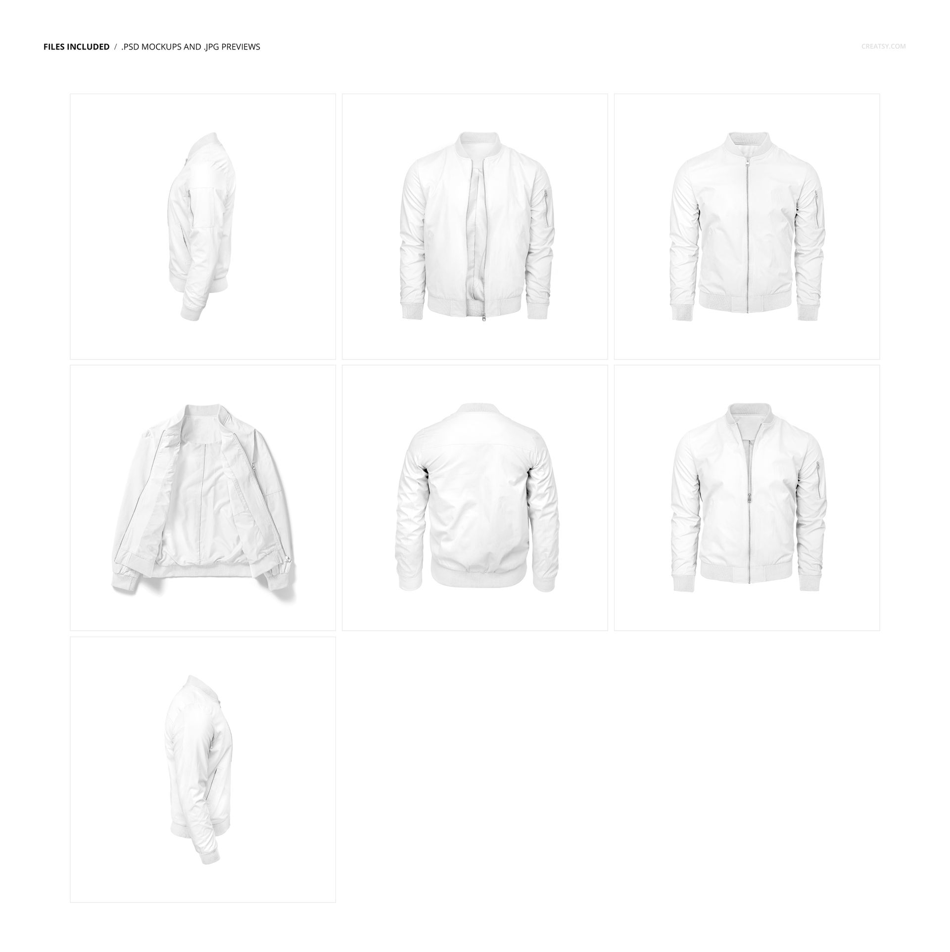 Men's bomber jacket mockup set showing seven white jackets in various angles, including front, back, and side views.