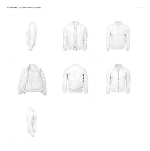 Men's bomber jacket mockup set showing seven white jackets in various angles, including front, back, and side views.