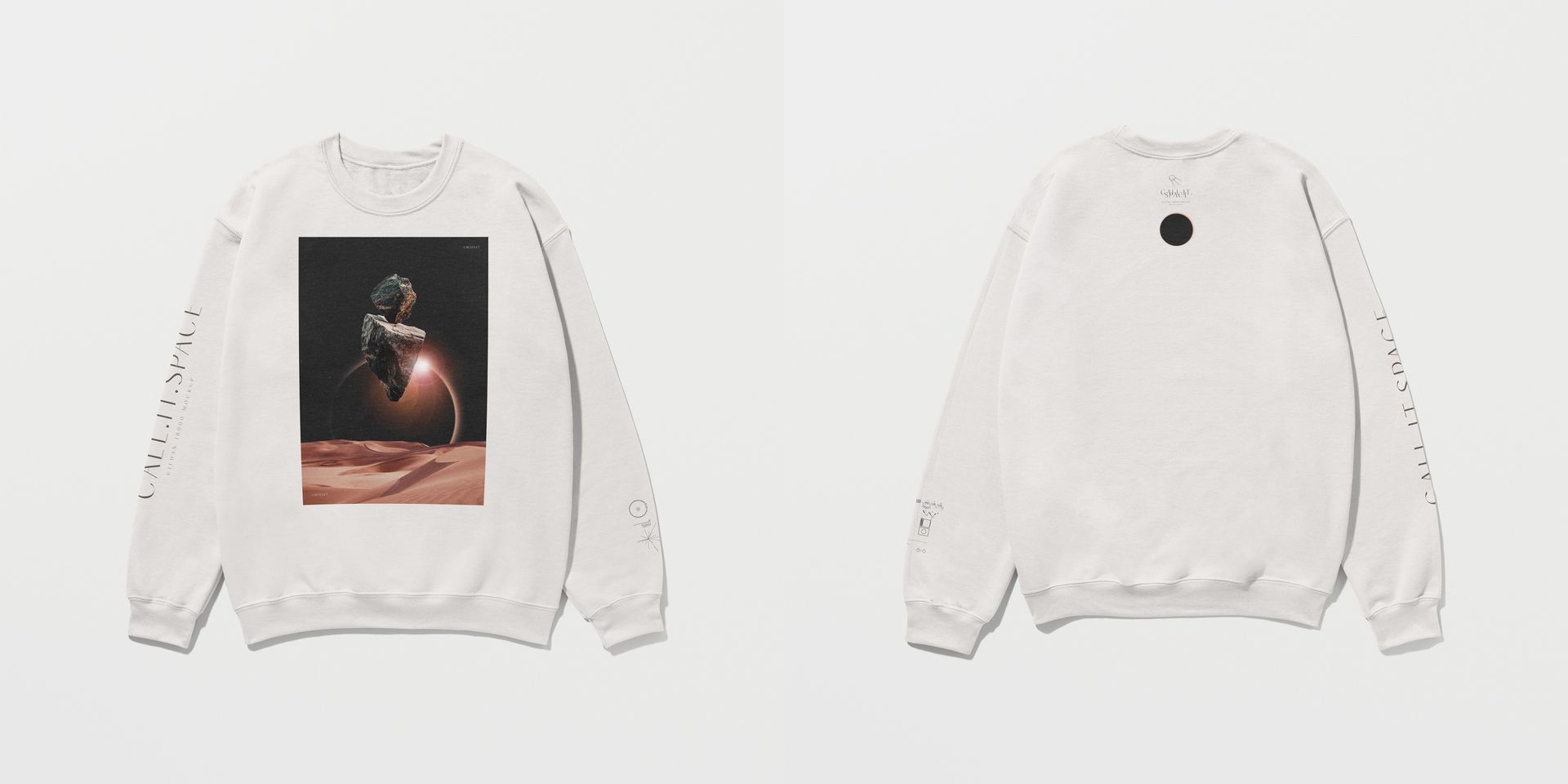 Front and back view of a white adult sweatshirt mockup, featuring a space-themed graphic on the front and minimal design on the back.