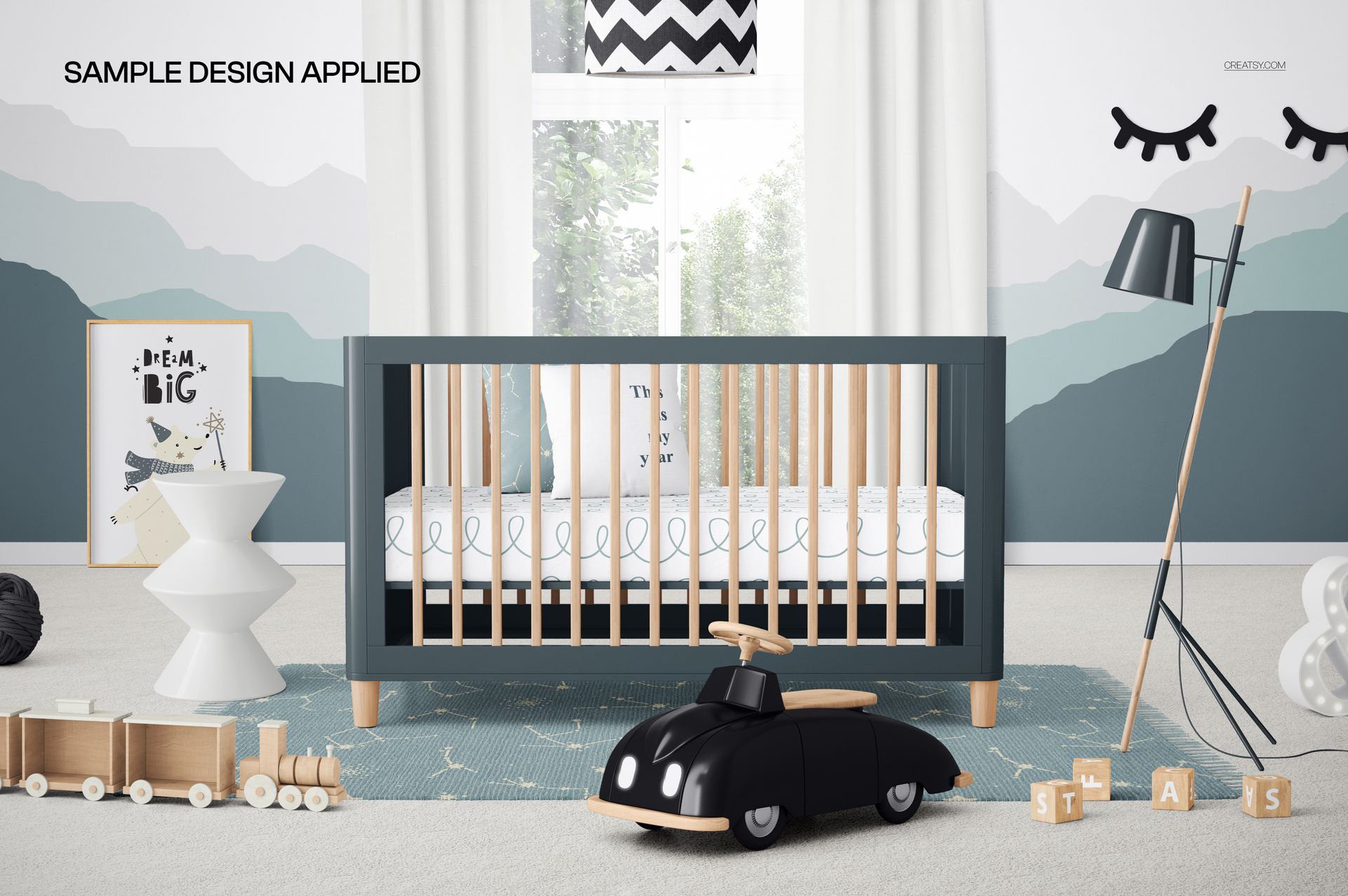 Front view of a baby crib mockup in a Scandinavian style nursery, featuring soft colors and geometric accents.