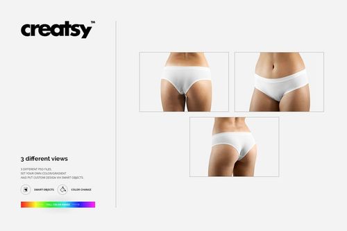 Women's briefs mockup featuring three views of plain white briefs on a model, shown from front, side, and back angles.