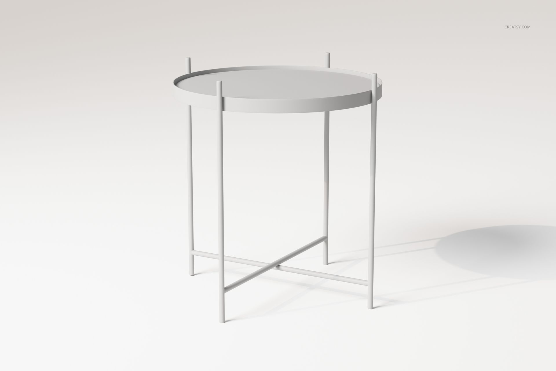 Round mirror top side table with slim metal legs, shown from a front angle on a light neutral background.