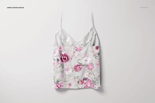 Front view of a short silk pajama top mockup with thin straps, featuring a floral pattern in pink and white tones.