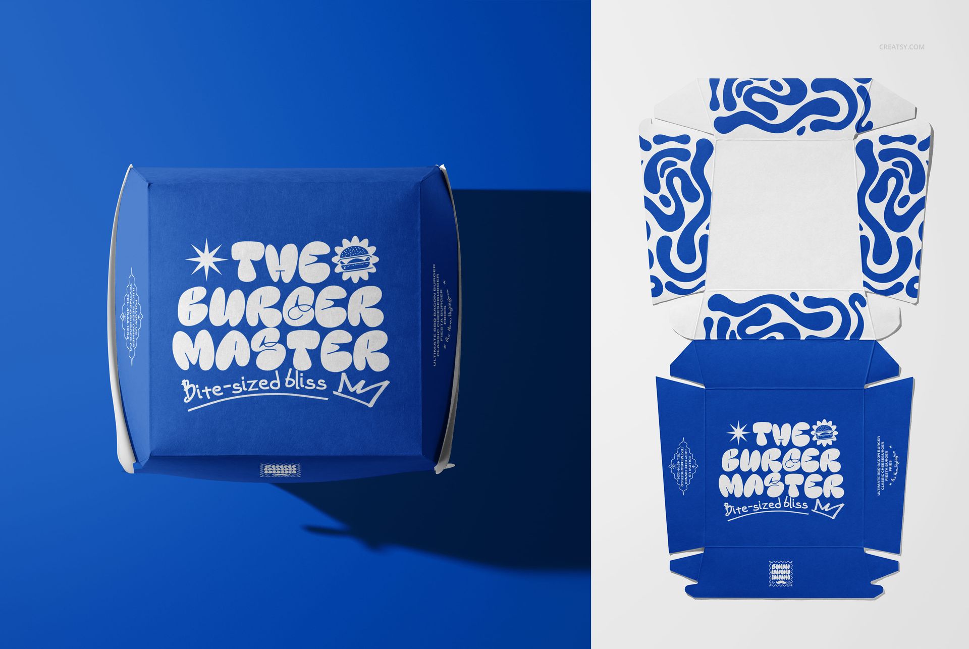Vegan burger box mockup featuring blue packaging with white graphic designs, displayed from top and flat lay perspectives.