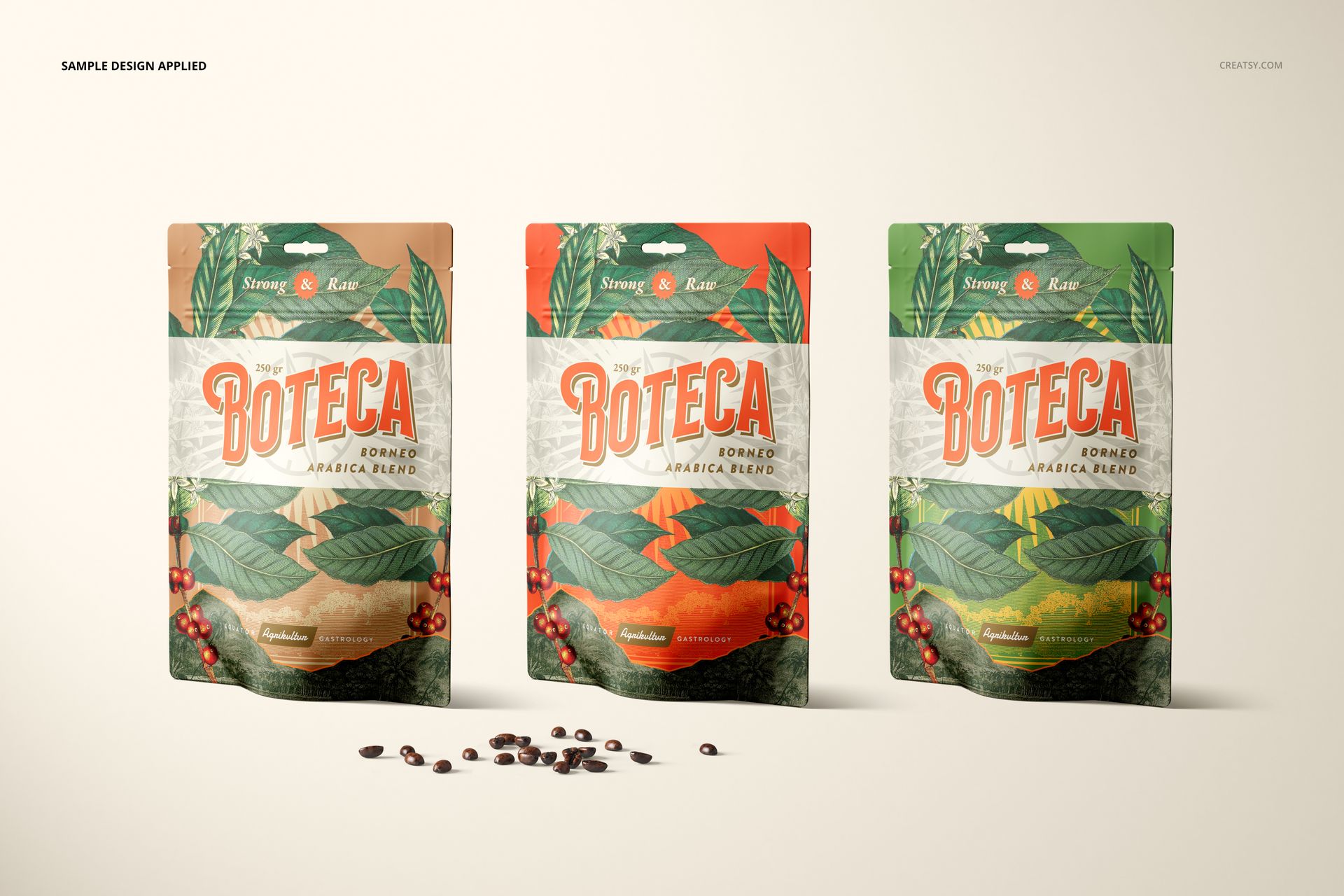 PSD mockup scene showing three packaging pouches with botanical artwork and coffee beans on a neutral background.