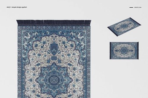 Mockup showing a rectangular Persian carpet with dark blue fringe and ornate central medallion, viewed from above.