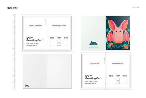 Front and inside views of a 5x7 greeting card mockup with a pink bat illustration and Halloween theme in bright colors.