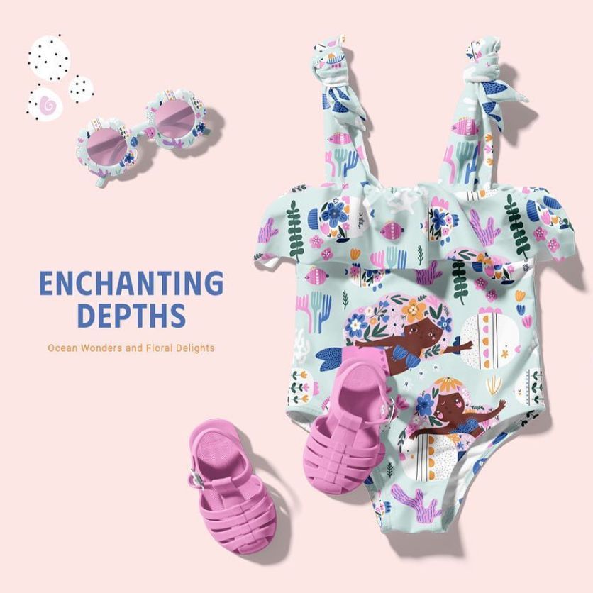 Baby swimsuit mockup with a colorful mermaid and sea life pattern, paired with pink sandals and floral sunglasses on a light pink background.