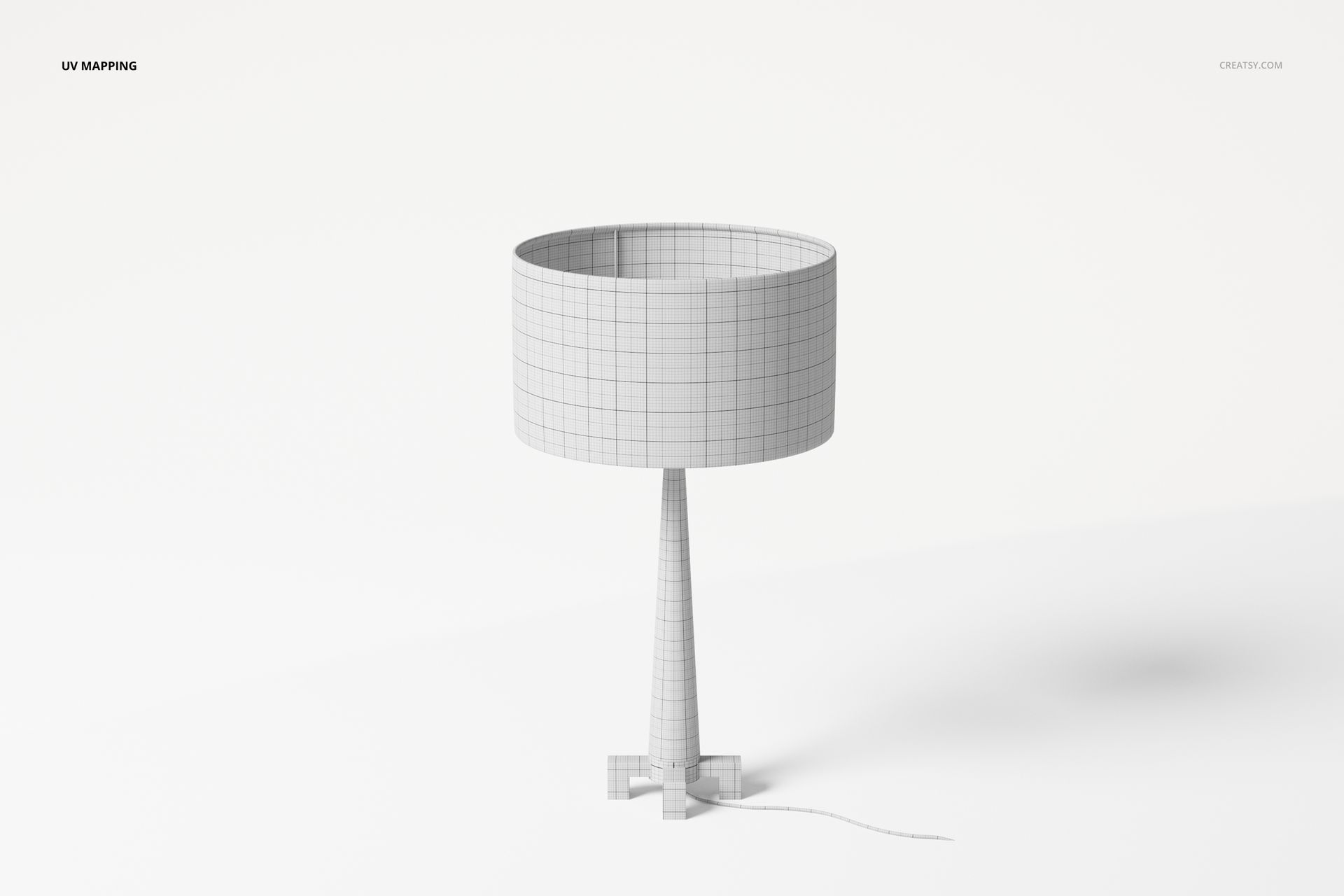 Front view of a 3D drum table lamp model with a cylindrical shade and conical base, shown in wireframe style.