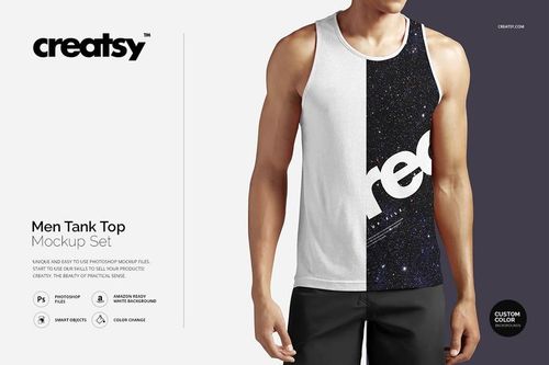 Men's tank top PSD mockup featuring a front-facing model, divided into white and black starry sections with bold text.