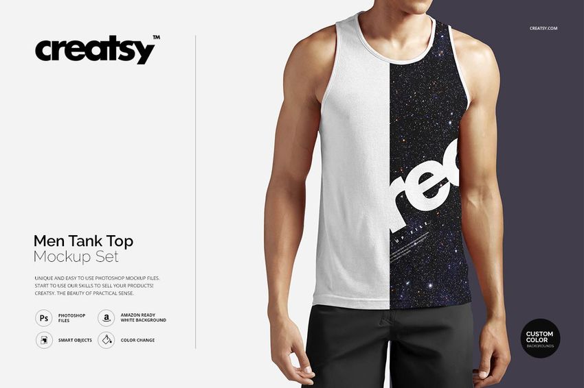 Men's tank top PSD mockup featuring a front-facing model, divided into white and black starry sections with bold text.