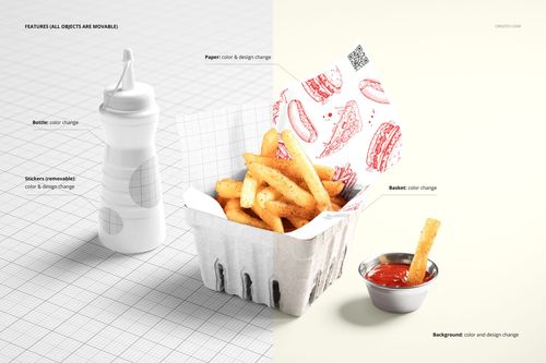 Mockup scene showing a basket of french fries in patterned food safe paper, with a bottle and a metal sauce cup.