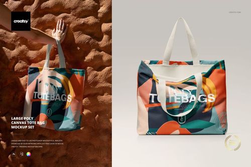 Front view of a spacious canvas tote bag mockup with multicolored geometric design and white handles, placed on a plain surface.
