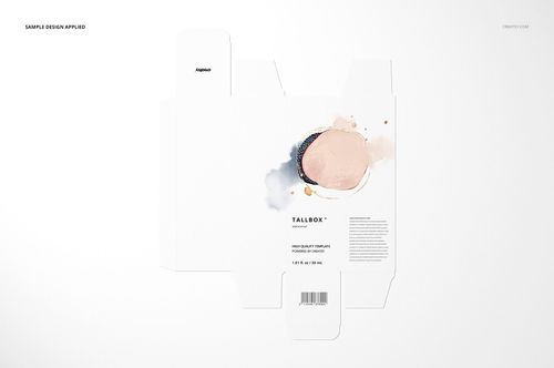 Flat lay of a tall box packaging mockup with abstract watercolor artwork, shown on a white background with fold lines.