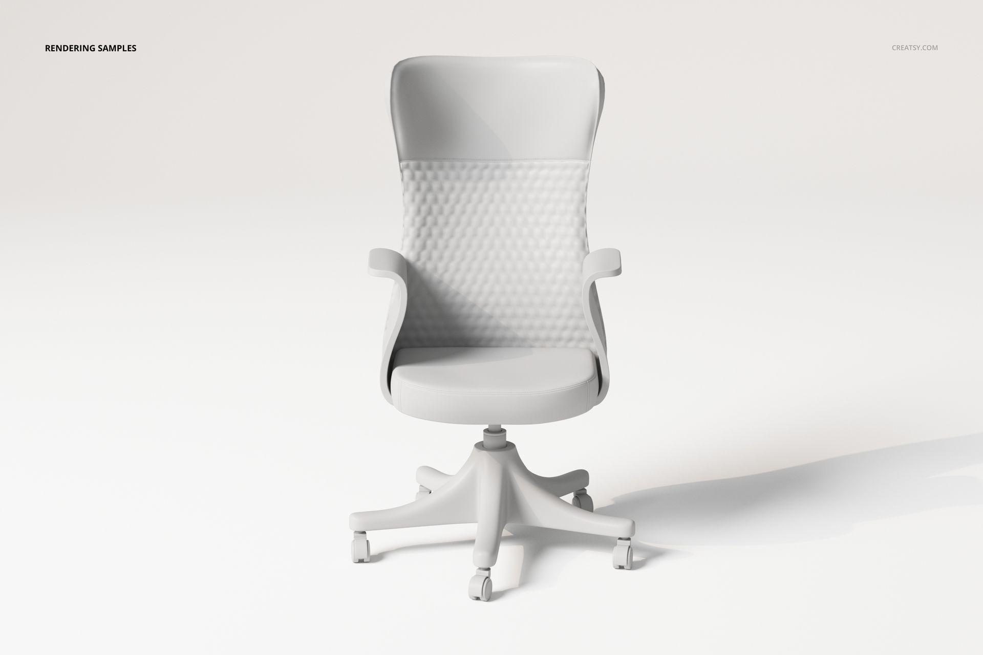 Front view of a wavy-line armchair with a high curved backrest and five-legged base, rendered in neutral tones.
