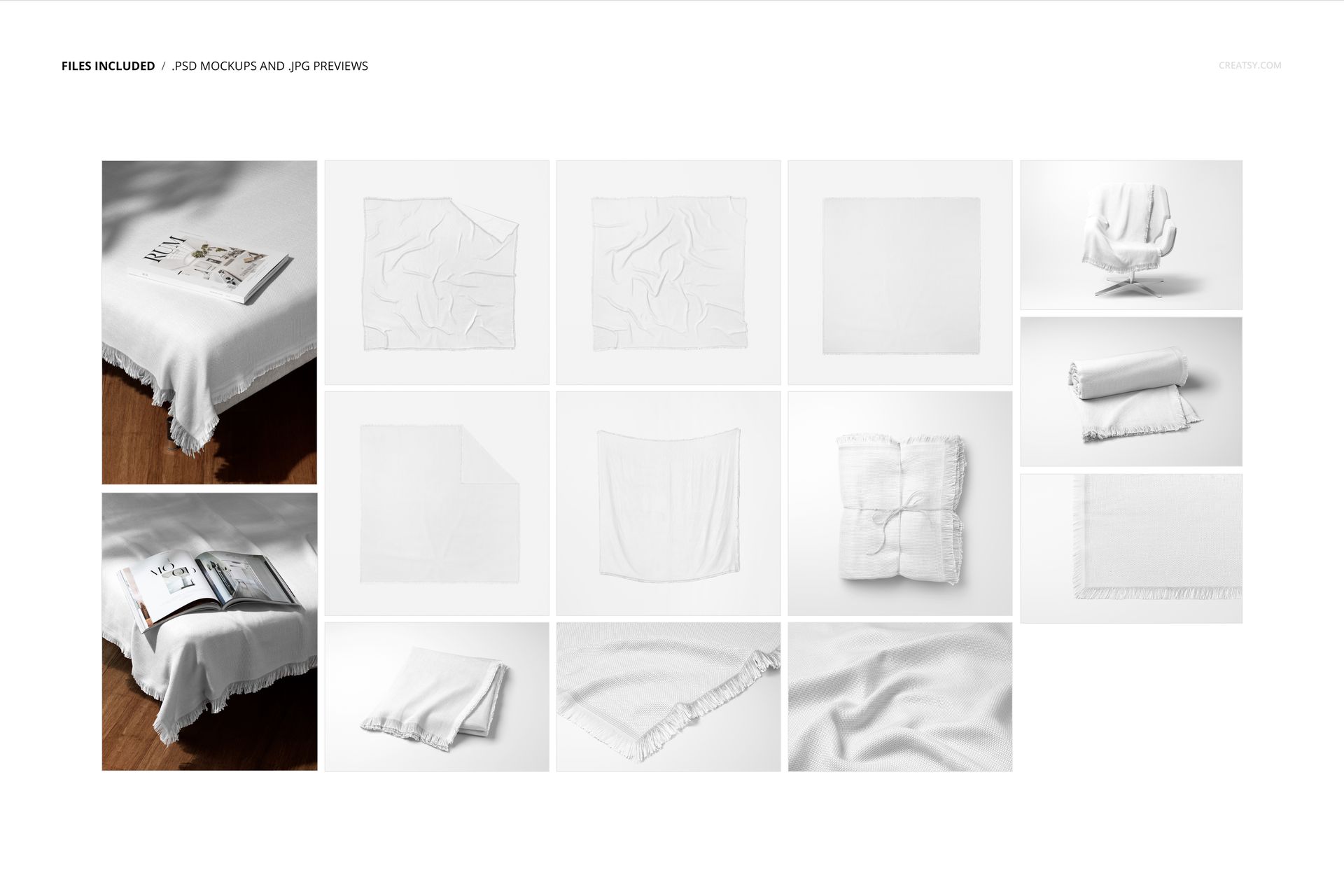 Multiple perspectives of a white woven coverlet, including folded, draped, and flat layouts, shown in a PSD mockup set.