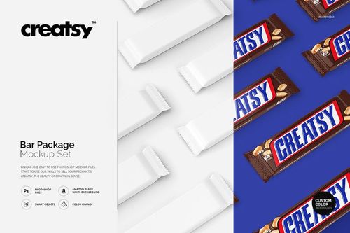 Bar packaging mockup set featuring white rectangular wrappers on the left and chocolate bars with blue labels on the right.