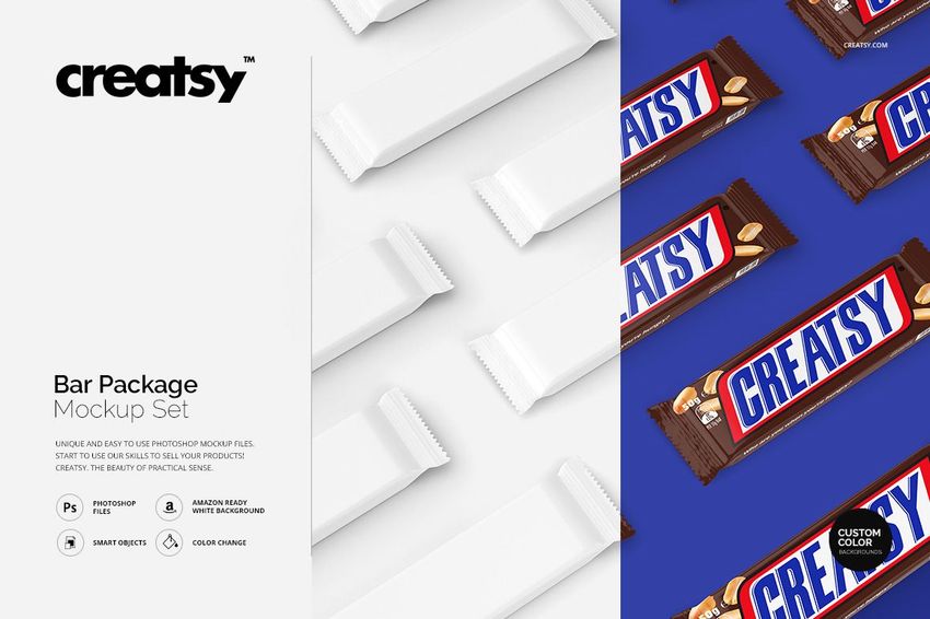 Bar packaging mockup set featuring white rectangular wrappers on the left and chocolate bars with blue labels on the right.