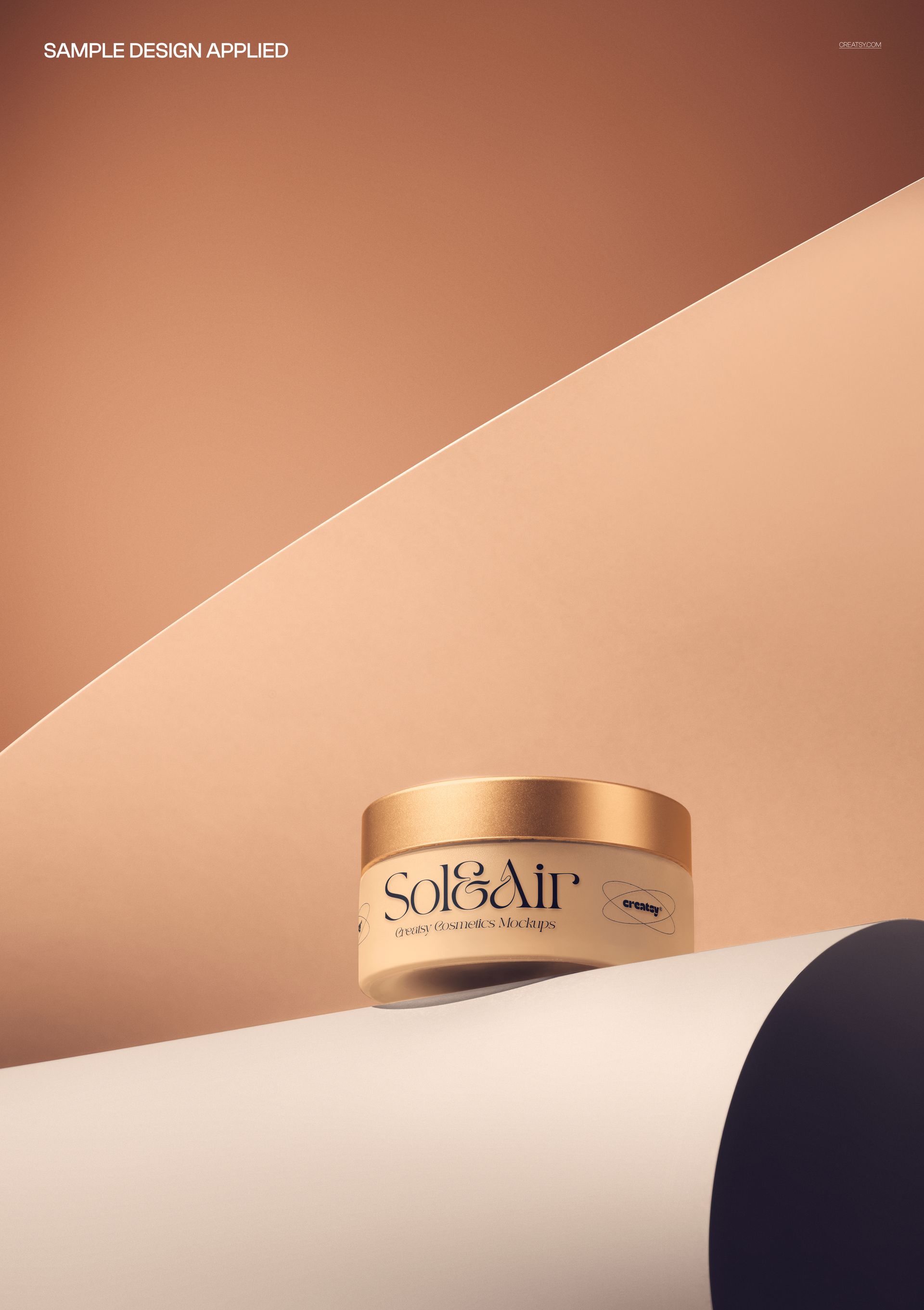 Cream glass jar with metallic cap displayed on a rolled paper backdrop, shown from a front angle in a cosmetics mockup.