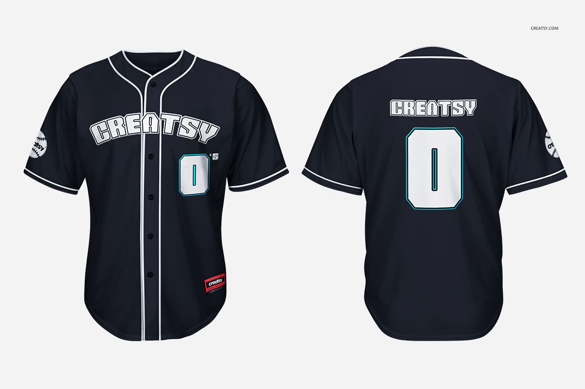 Baseball jersey mockup showing both front and back, featuring white accents, large text, and a clean white backdrop.
