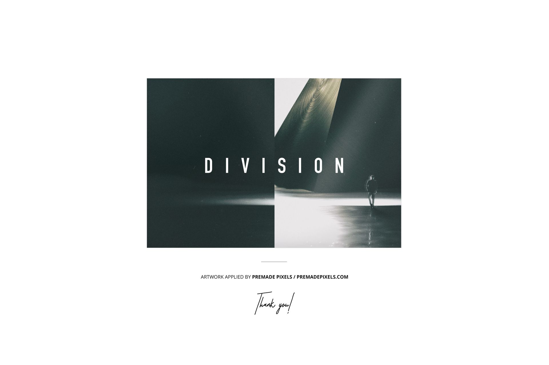 Front view of a vinyl record cover mockup with split effect design, featuring dark and light abstract sections and bold text.