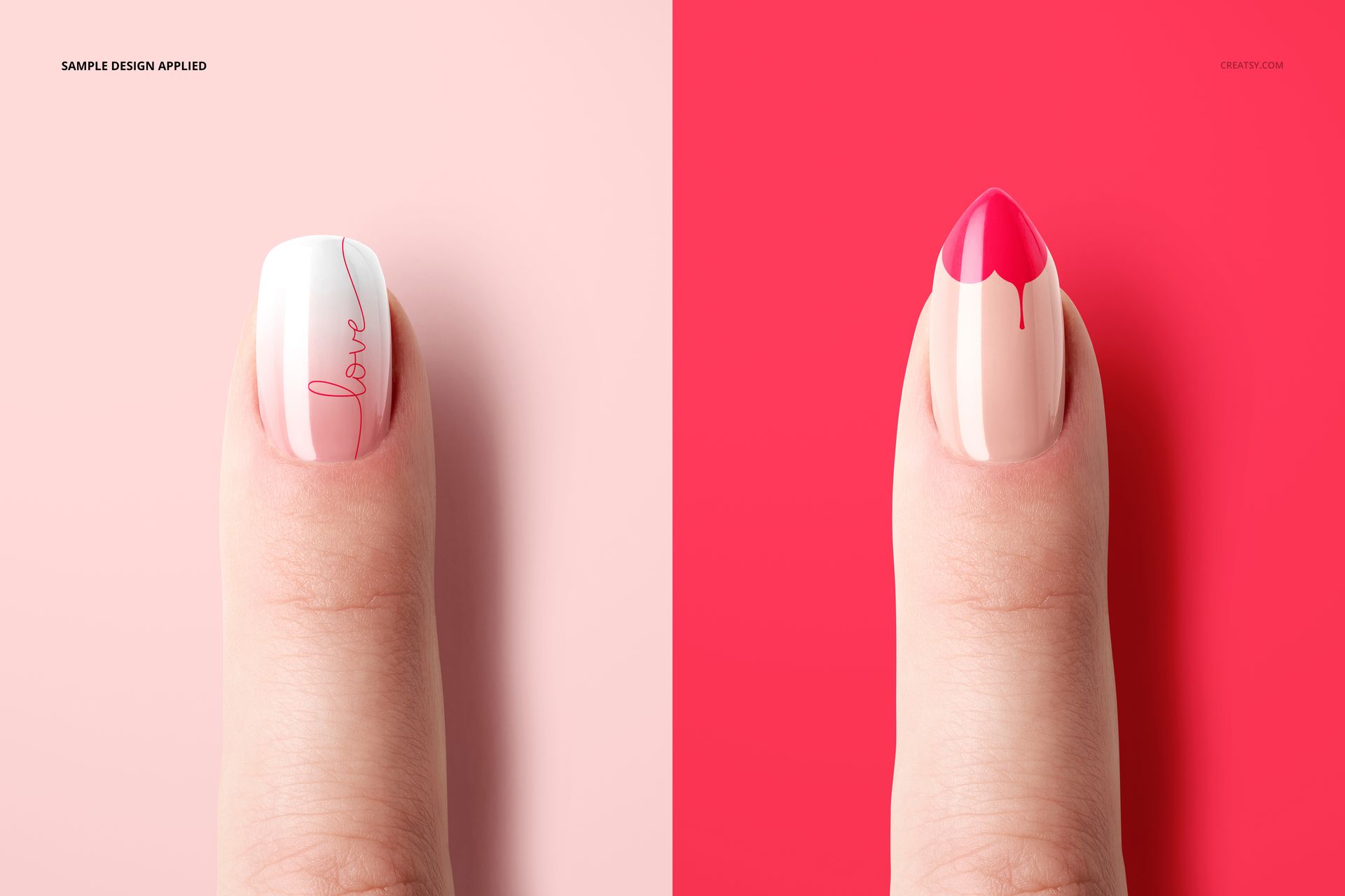 Front view of two fingers showing nail mockup designs, left with cursive text and right with pink dripping pattern.