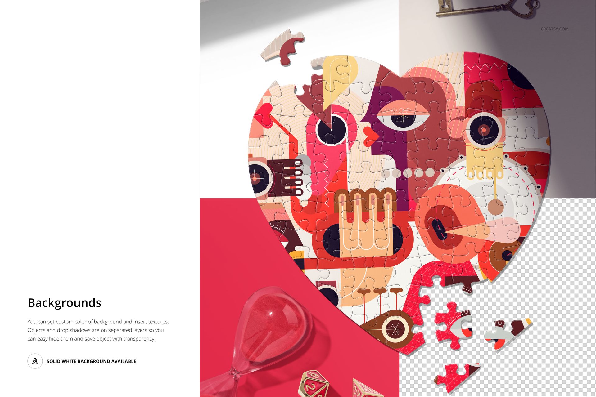 PSD mockup of a heart-shaped puzzle with vibrant abstract design, surrounded by scattered pieces and table items.
