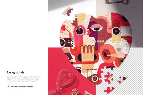 PSD mockup of a heart-shaped puzzle with vibrant abstract design, surrounded by scattered pieces and table items.