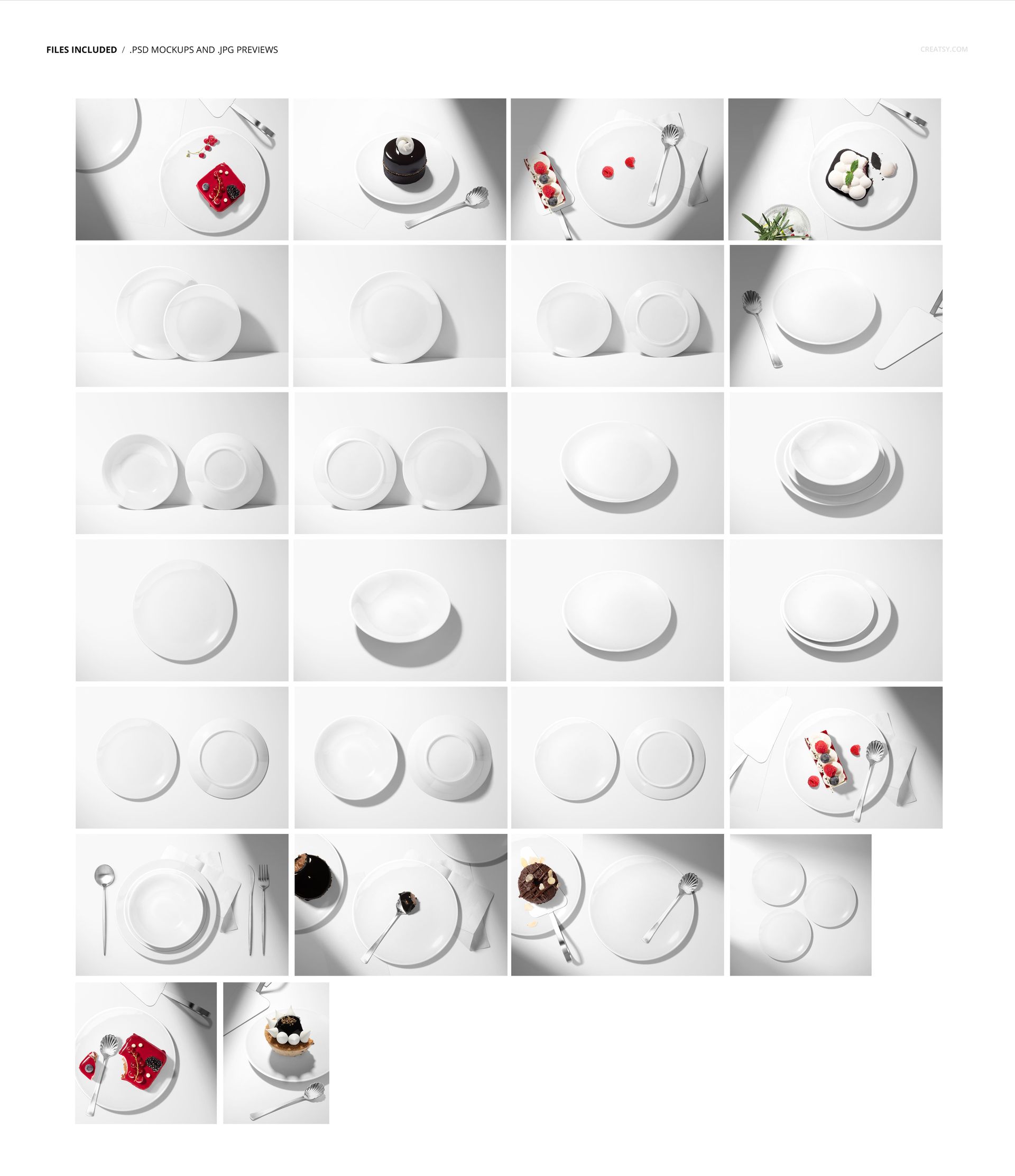 Multiple ceramic plates mockup set featuring plain and styled plates, desserts, and silverware on a bright background.