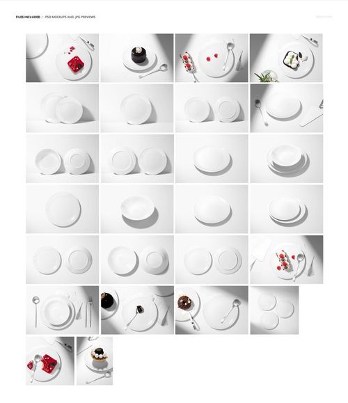 Multiple ceramic plates mockup set featuring plain and styled plates, desserts, and silverware on a bright background.