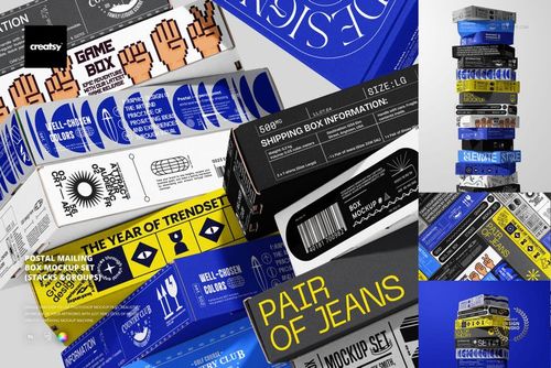 PSD mockup showing multiple packaging boxes with colorful labels and geometric designs, displayed from a top perspective.