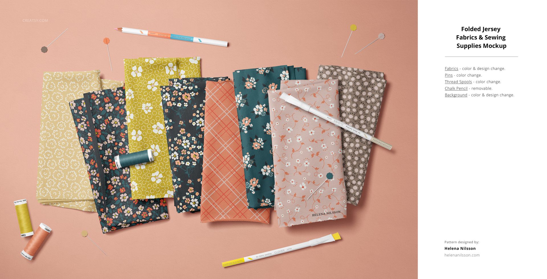 PSD mockup of patterned jersey textiles in assorted colors, surrounded by sewing accessories on a light peach background.