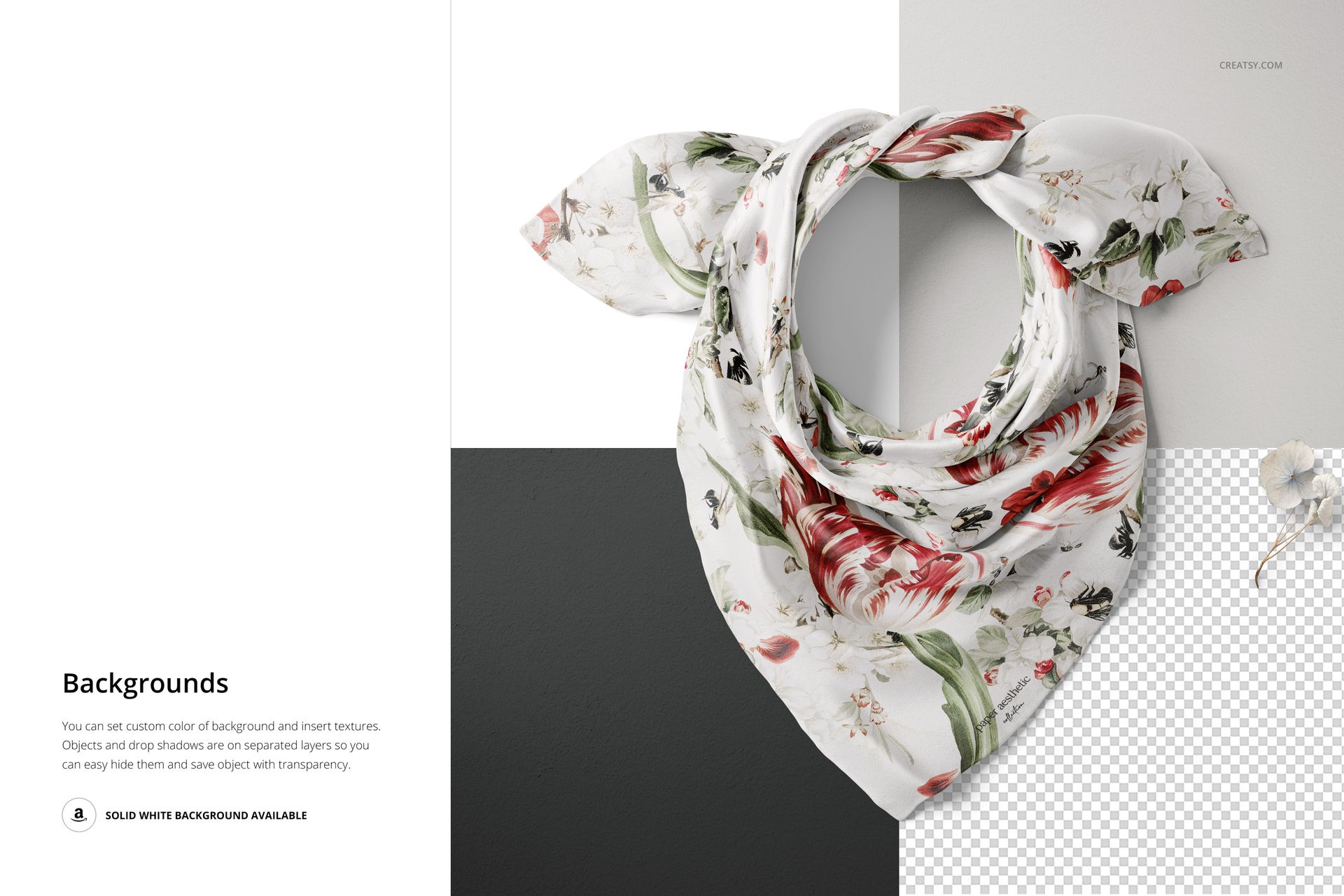 Silk scarf mockup with floral pattern in red and green, displayed wrapped on a square background with color blocks.