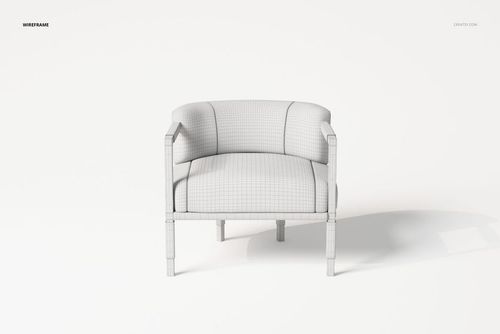 Front view of a modern armchair 3D model with art deco design, wireframe texture, and light gray coloring.