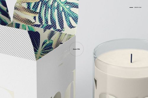 Classic candle PSD mockup featuring a clear glass jar candle and a white box with vibrant foliage print on the inner lid.
