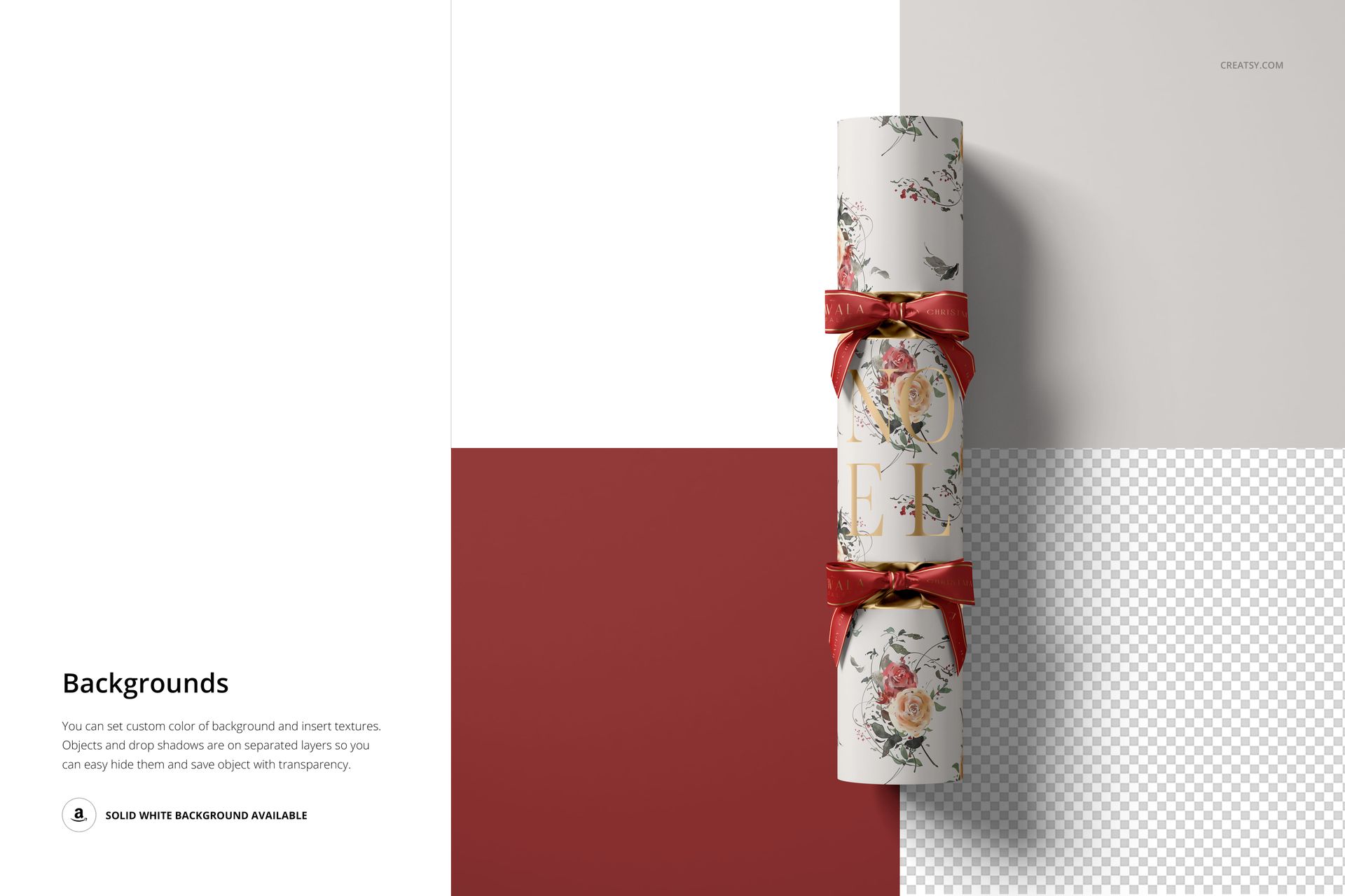 Christmas cracker mockup featuring a cylindrical cracker with floral and festive patterns, red ribbons, top view on a multi-colored background.
