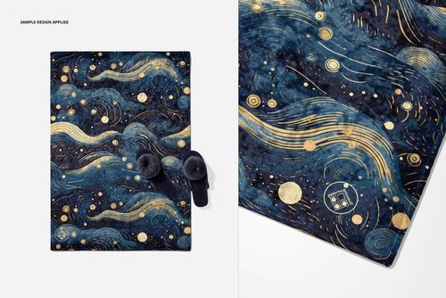 Velvet rug mockup featuring a marbled design in deep blue and gold tones, displayed flat with slippers as props.