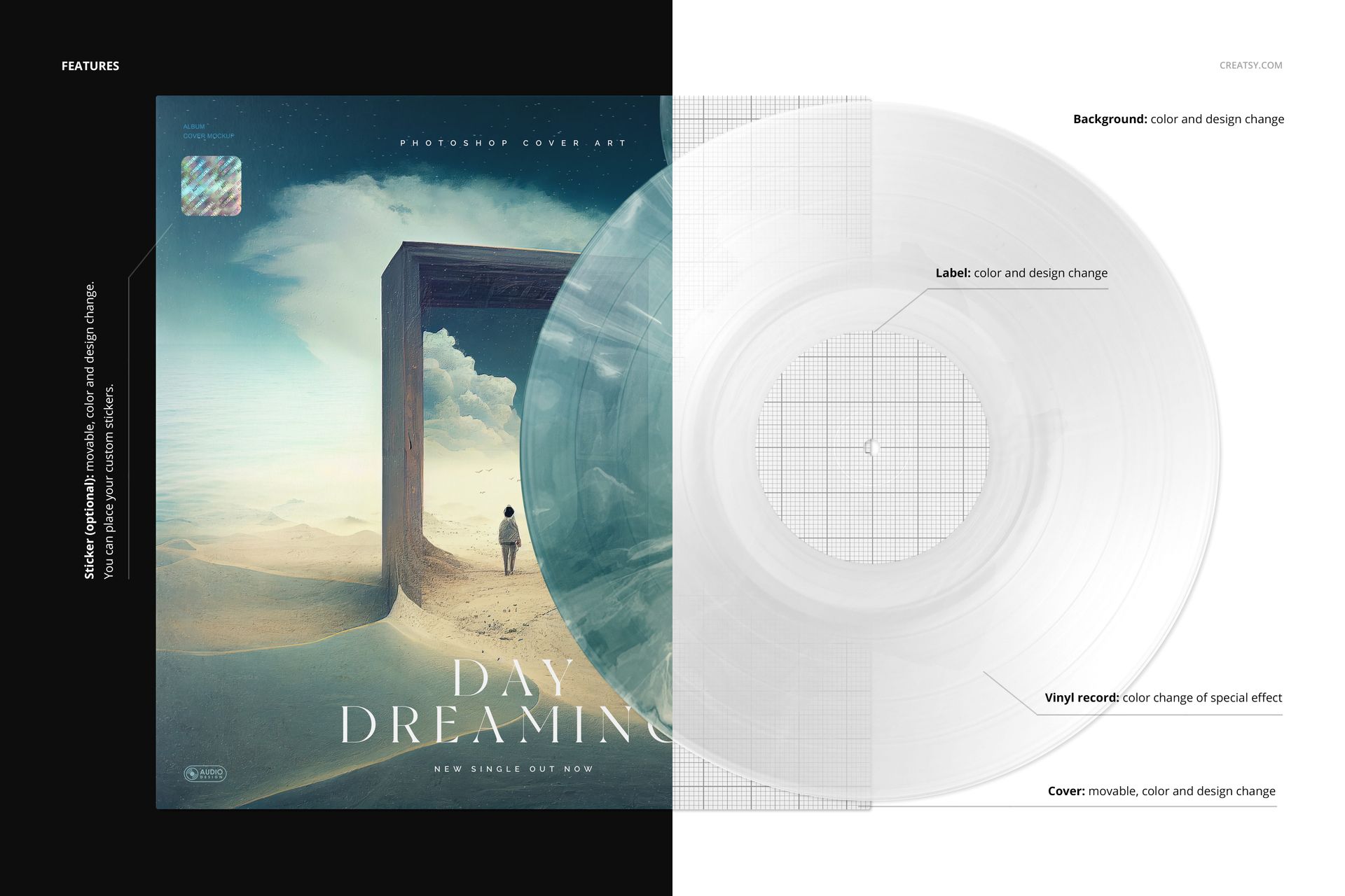 Front view of a marbled effect vinyl record and cover mockup, featuring a surreal landscape artwork and labeled sections.