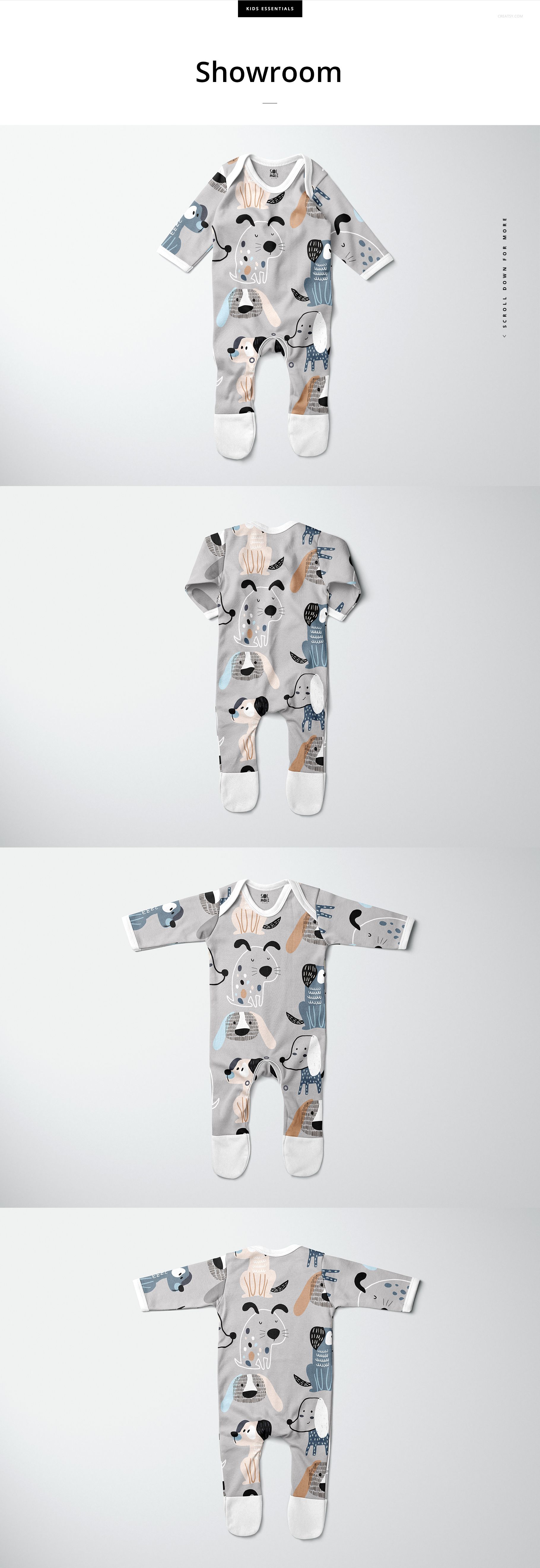 Front view of a baby chest rompersuit mockup with long sleeves and legs, featuring a playful animal pattern on a light background.