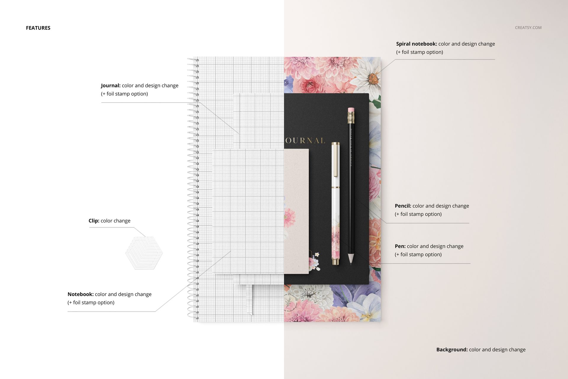 Stationery set mockup featuring a spiral notebook, journal, pencil, and pen arranged on a light surface with floral accents.