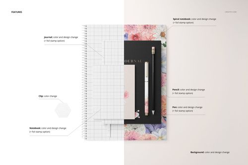 Stationery set mockup featuring a spiral notebook, journal, pencil, and pen arranged on a light surface with floral accents.