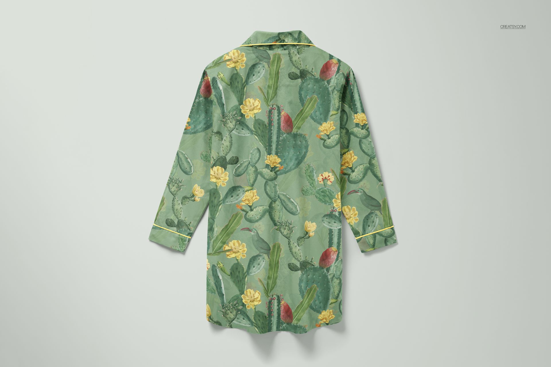 Front view of a nightdress mockup featuring a green cactus and yellow flower pattern on a light background.