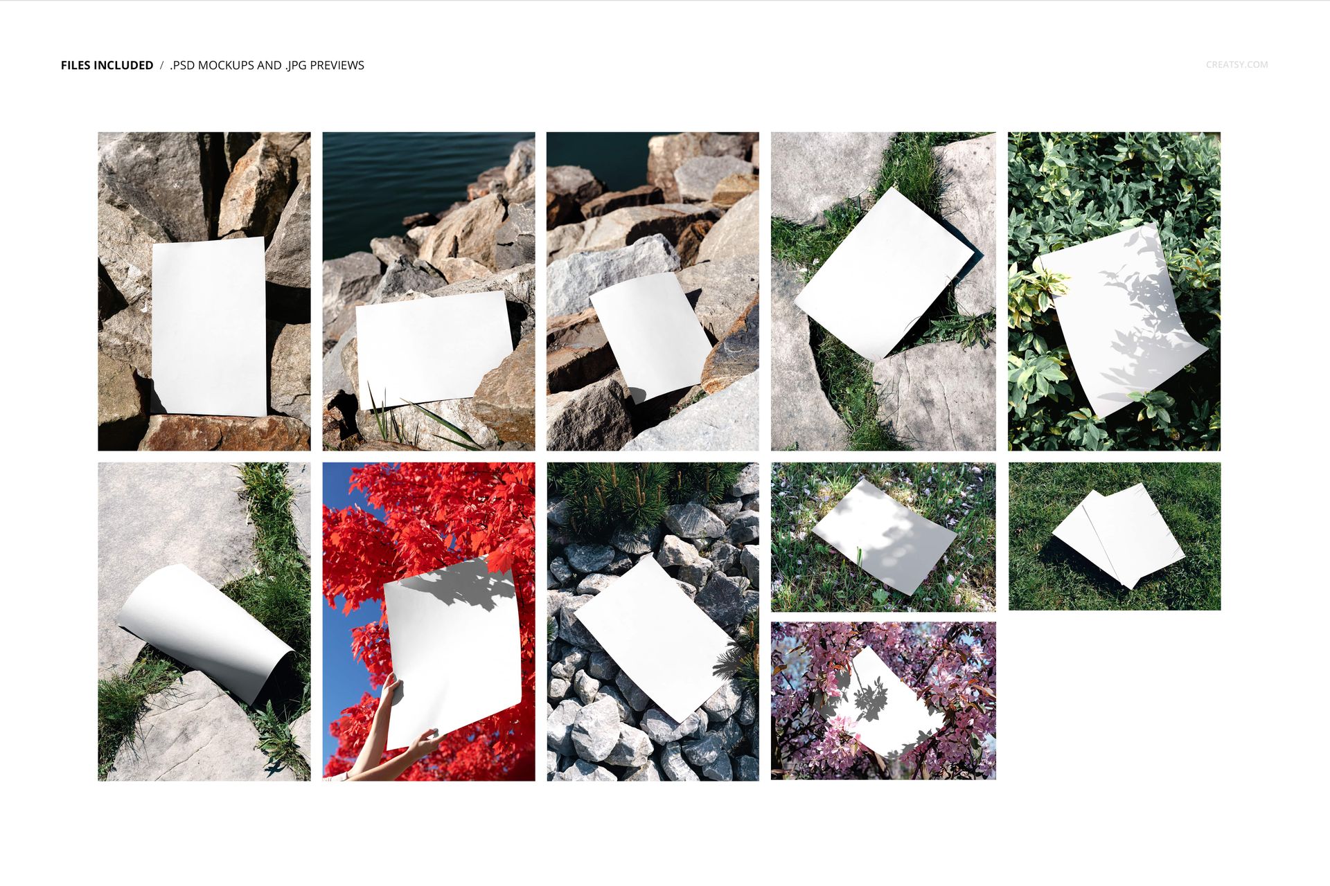 Set of outdoor poster mockups showing blank white sheets placed on rocks, grass, and foliage in natural light.